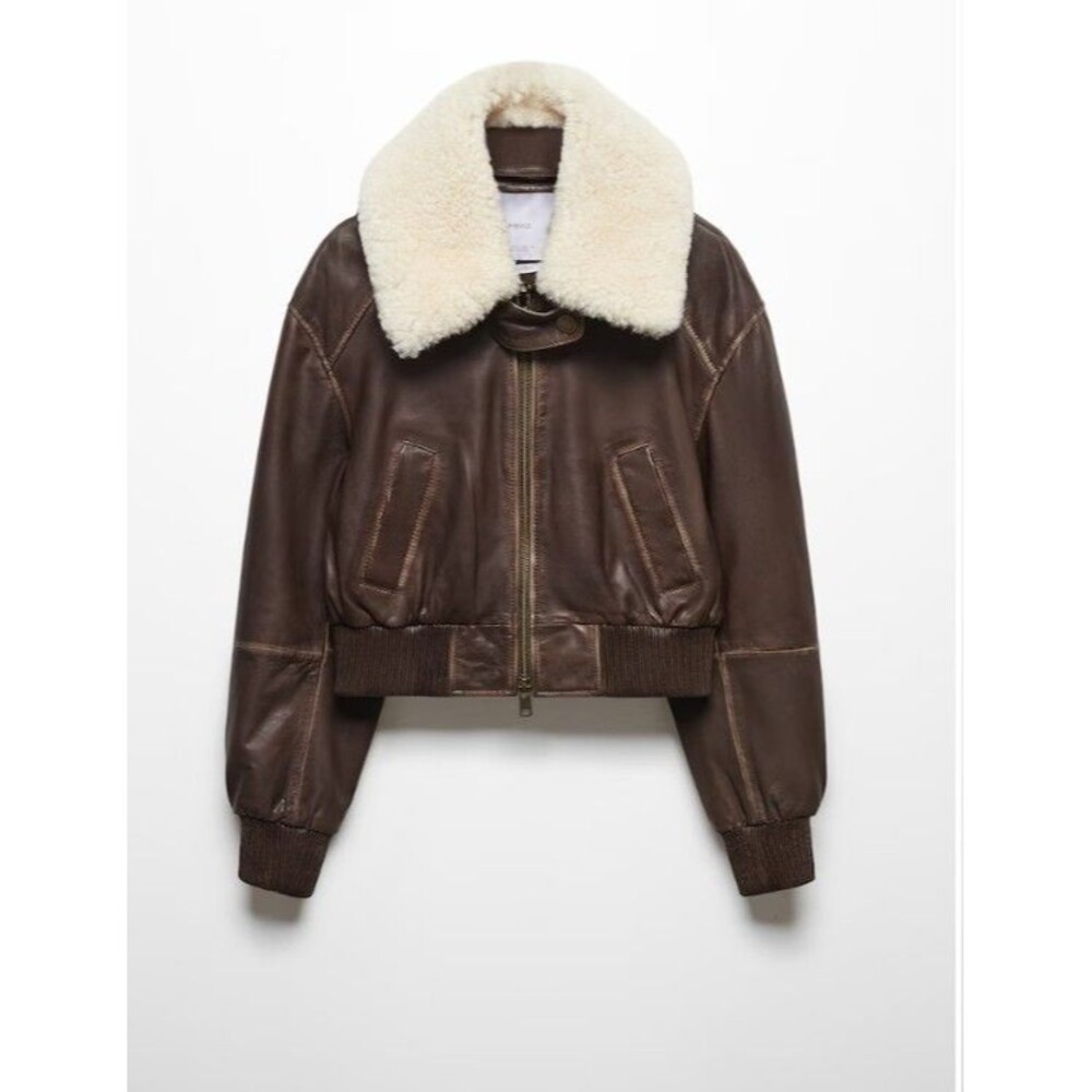 Mango Women’s Brown Leather Bomber Jacket Detachable Faux Shearling Collar NWT M